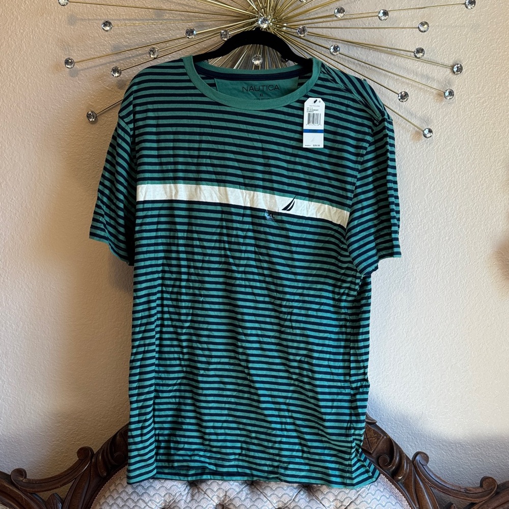 Nautica Men's Teal and Black Striped Tee